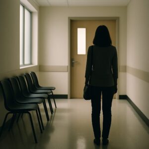 扉の前で立ち止まる女性の後ろ姿