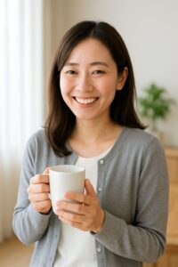 笑顔で温かい飲み物を持っている女性の明るい写真