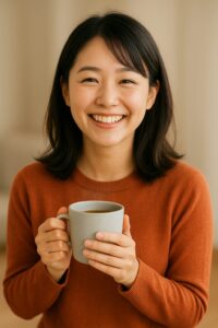 笑顔で温かい飲み物を持っている女性の明るい写真
