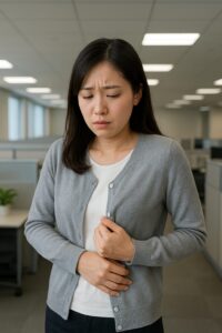冷房の効いたオフィスでカーディガンを羽織る女性の写真