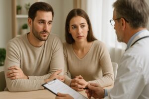 クリニックの待合室や医師と相談するカップル(実写風)