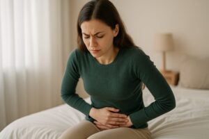 女性が下腹部を軽く押さえて悩む姿