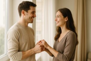 夫婦が窓辺で手をつなぎ微笑む