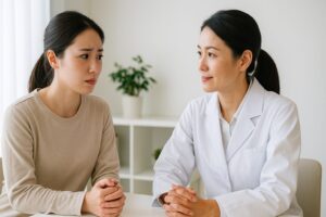 女性が医師（白衣）に相談している場面