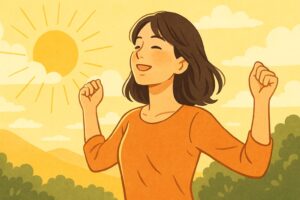 朝日を浴びる女性(健康的で前向き)