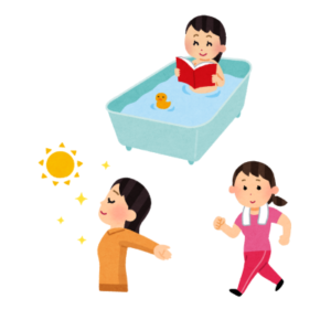 日光浴、ウォーキング、入浴する女性の画像