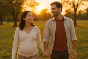 手を取り合う夫婦が笑顔で歩くシーン