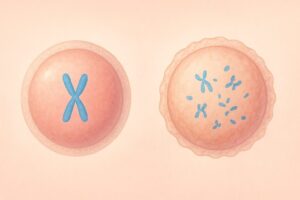 若い卵子と年齢を重ねた卵子のイメージ比較、