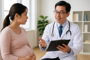 医師が妊婦に説明しているシーン