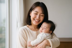 女性が笑顔で赤ちゃんを抱く