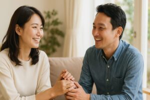 夫婦が笑顔で話している シーン