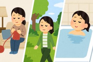 ストレス解消の為「女性がリビングで編み物をしている」「森林浴をしている」「湯船に浸かる」などのシーン