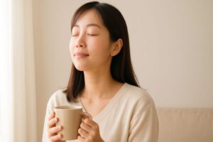 女性がストレス解消のため、コーヒーを手に、穏やかに深呼吸している様子