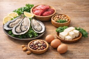亜鉛を多く含む食品(牡蠣・赤身肉・ナッツ・豆腐など)
