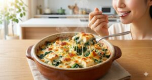 グラタンを食べる女性
