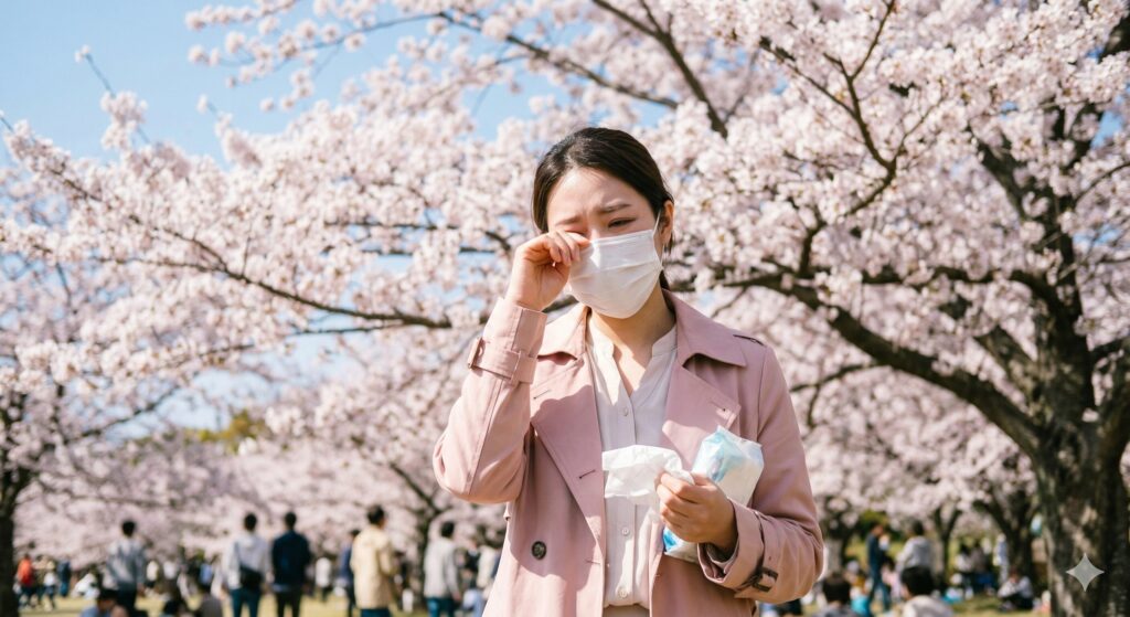 桜並木の中で花粉症に苦しむ女性の画像