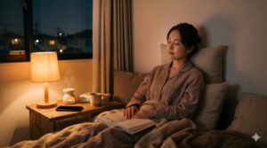 寝る前にスマホを置いて本を読みリラックスしている女性の画像