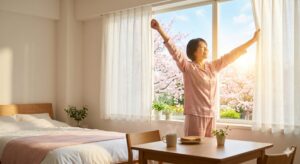 起床後、朝日を浴びる女性の画像