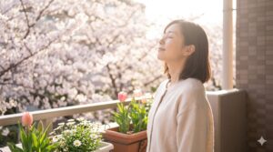 春の暖かな光の中で、心地よさそうに深呼吸をする女性。