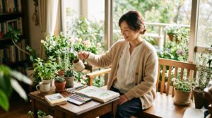 趣味のガーデニングなどを楽しむ女性の画像