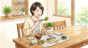 食卓の中で一番に野菜を食べる女性のイラスト