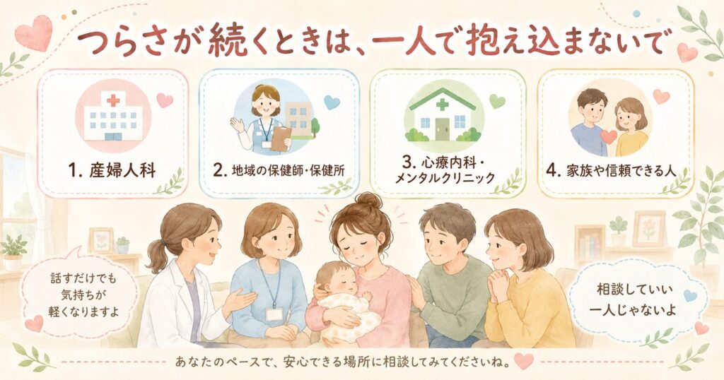 専門家に相談して安心する女性と家族の画像