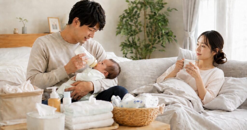 パパが育児をしている横で休む安心してママの画像