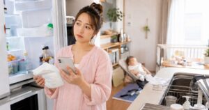 冷蔵庫を開けて何すればいいかわからなくて固まるママの画像