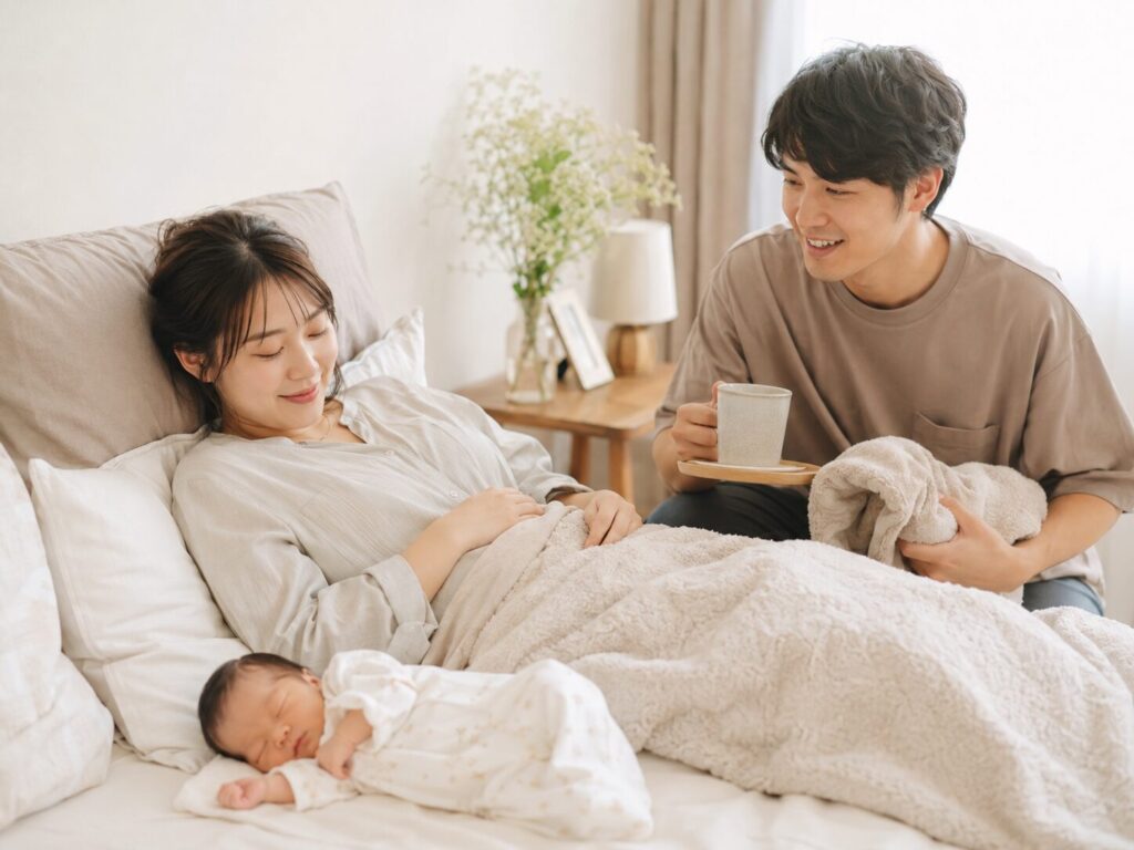 産後、赤ちゃんと横になる奥さんと労わる旦那さんの画像