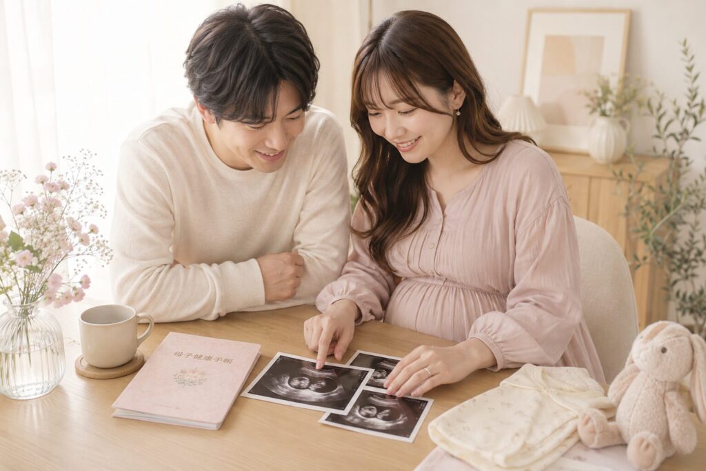 夫婦でエコー写真を眺める画像