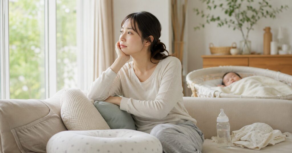 赤ちゃんを寝かしつけて一休みするママの画像