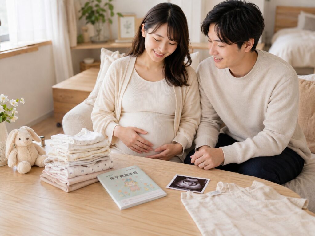 子供の誕生を楽しみにしている夫婦の画像