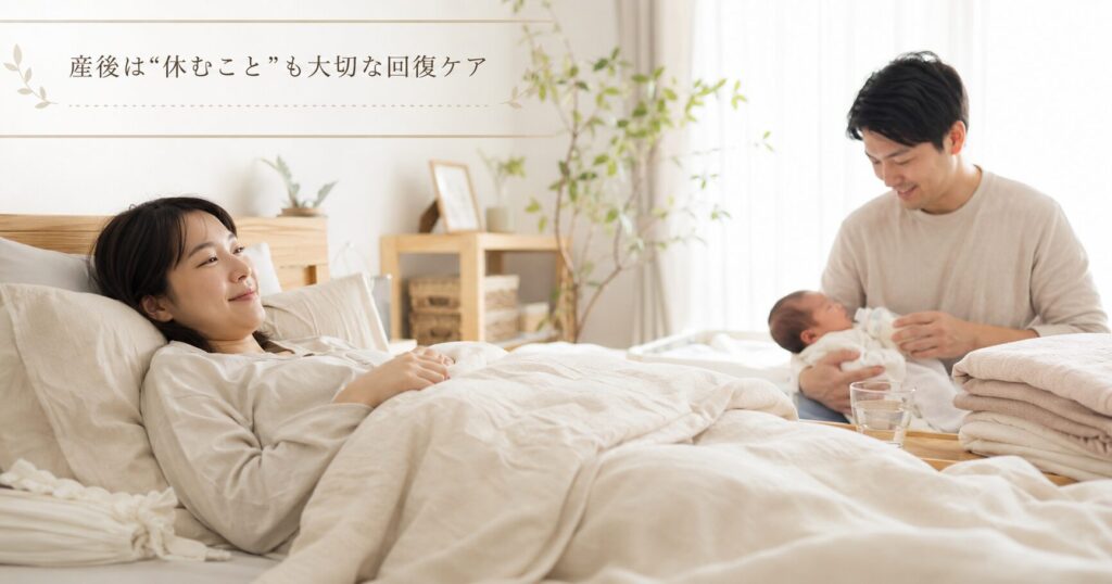 旦那さんに赤ちゃんを任せて休息を取る奥さんの画像