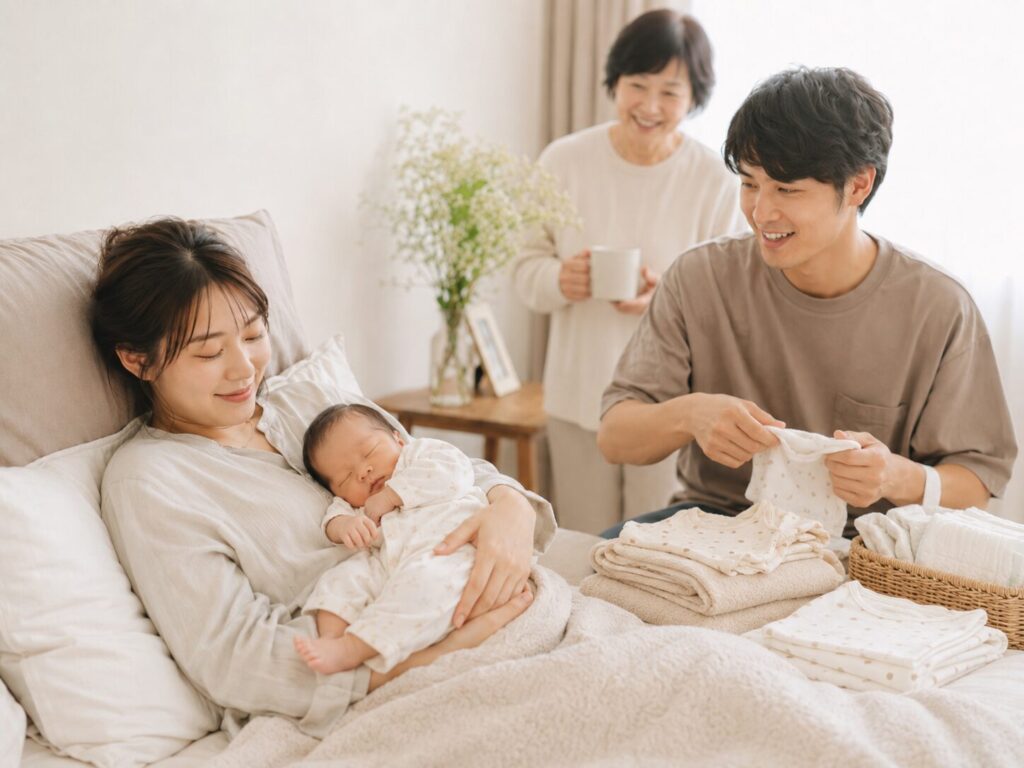 産後協力し合う家族の画像