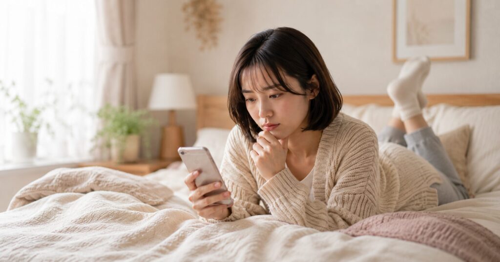 寝転んでスマホを見ている女性の画像