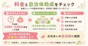 産後ドゥーラの利用料金と自治体女性についてまとめた画像