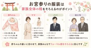 お宮参りの服装をまとめた画像。家族全体の格を揃えた服装を提案している