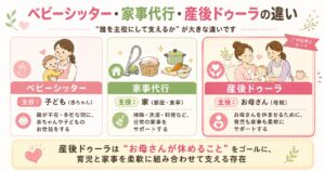 ベビシッター、家事代行、産後ドゥーラの比較