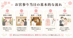 お宮参りの流れのまとめ画像
1日のスケジュールを5stepで解説