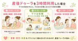 産後ドゥーラを3時間利用した場合のタイムラインの画像