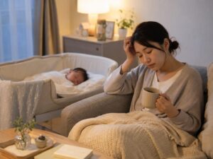 赤ちゃんを寝かし疲れて疲れているママの画像