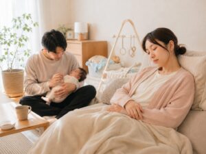 パパに赤ちゃんを任せて休むママの画像