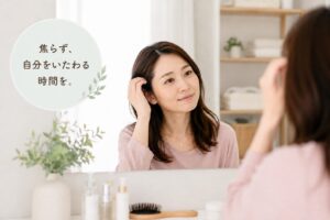 鏡を見ながら、髪の毛を触りながら微笑んでいる女性の画像