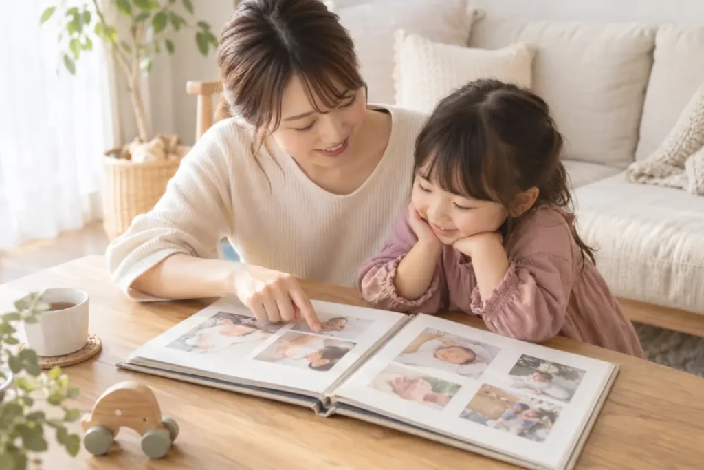 アルバムを見る親子の画像