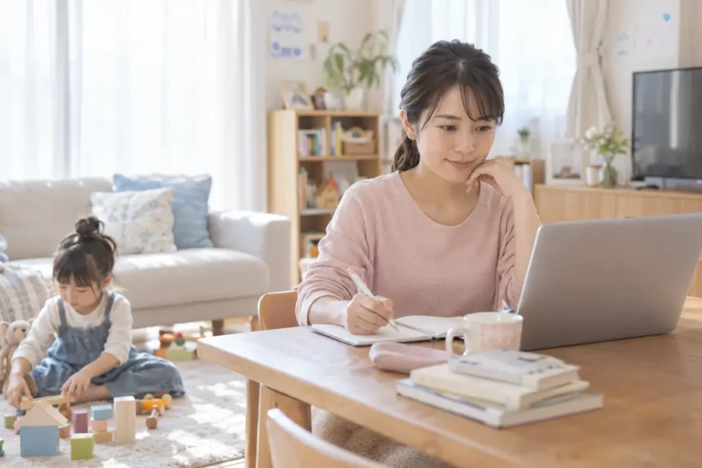子育て中に資格勉強をするママの画像