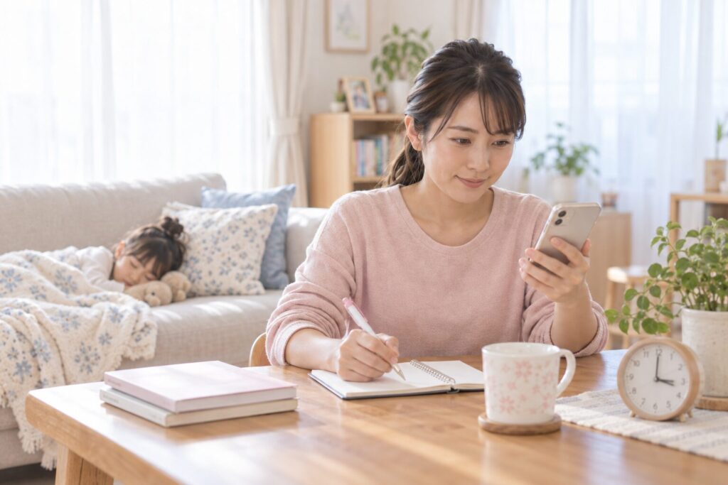 子供の昼寝中に勉強するママの画像