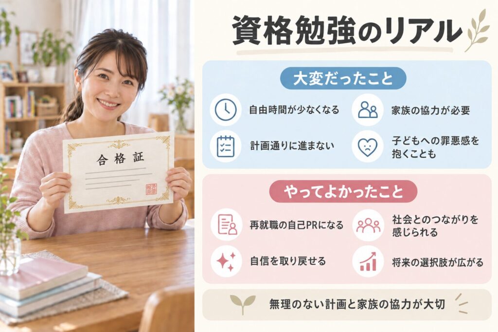 資格勉強のリアルなメリット、デメリットをまとめた表と合格証を手に嬉しそうな画像