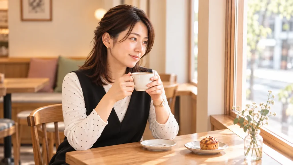 息抜きにカフェでゆっくり自分時間を過ごしている女性の画像