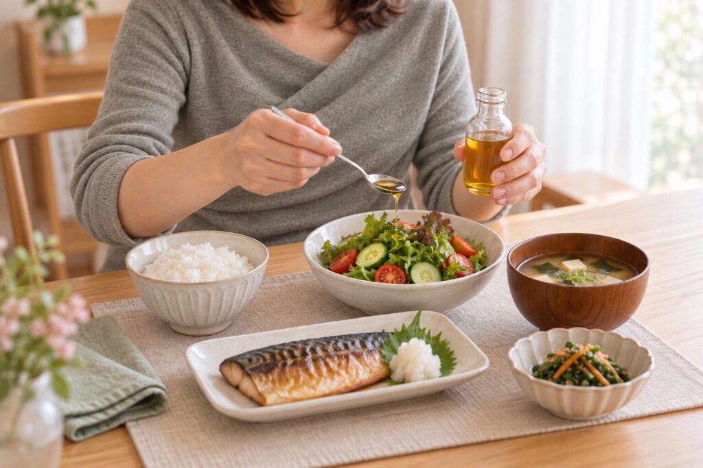 和定食に亜麻仁油をかける女性の画像