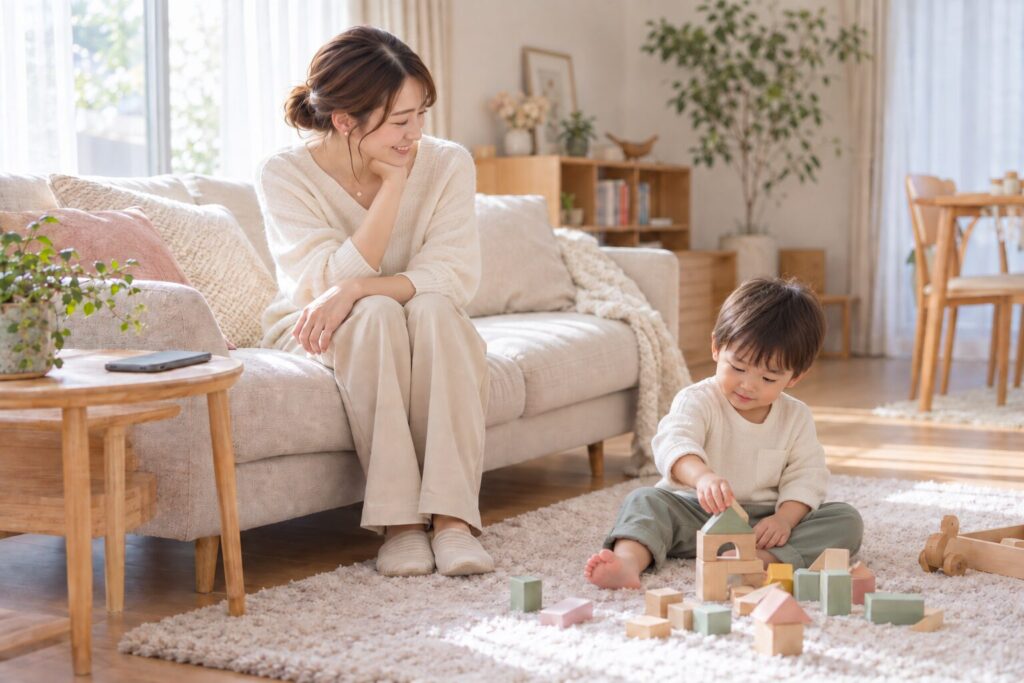 子供の積み木遊びを微笑ましく見守るママの画像

